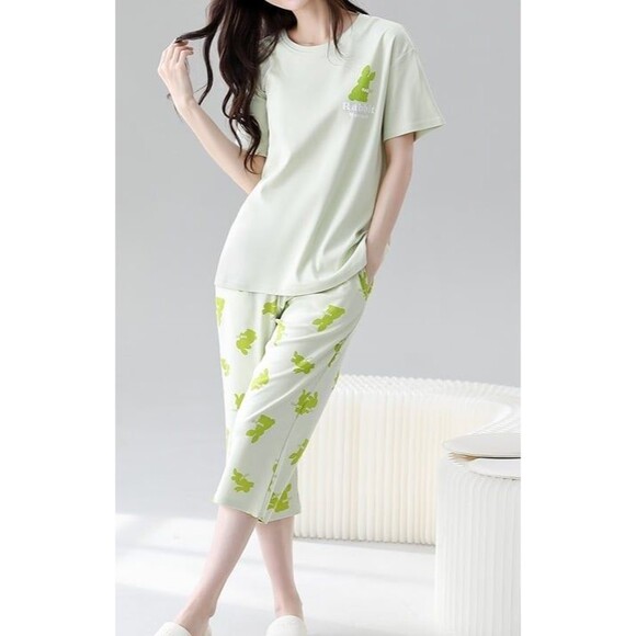 100% Cotton Women Capri Pajama Set 2Pcs Short Sleeve Top Capris pants Sleepwear - Picture 7 of 10